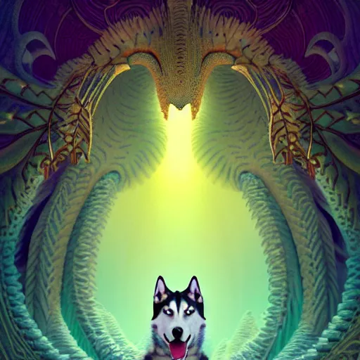 Prompt: alaskan husky creature creature in a desert lush oasis, warm tones, bioluminescent bioluminescent translucent translucent : : by guillermo del toro, daniel merriam, victo ngai and michal karcz : : ornate, dynamic, particulate, intricate, elegant, highly detailed, centered, artstation, smooth, sharp focus, octane render