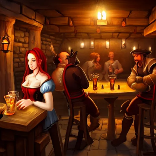 Prompt: medieval tavern with barmaid and patrons, deviantart, artstation, fantasy