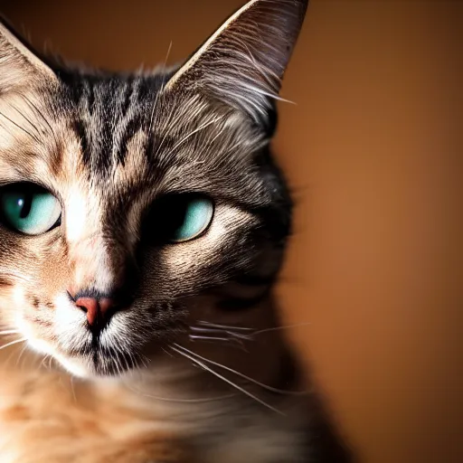 Prompt: Cat looking extremely disappointed, on kitchen table, 40nm lens, shallow depth of field, split lighting, 4k,