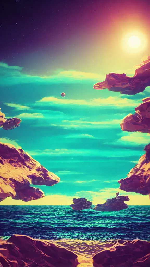 Image similar to beach horizon view of the ocean on an alien planet, vaporwave ocean, planet in space over the horizon, trending on artstation, digital art by beeple
