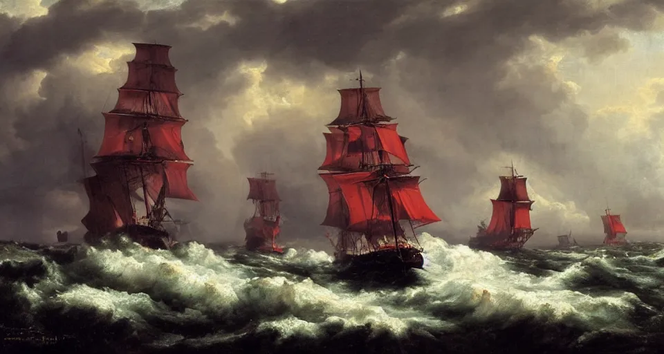 Image similar to british 1 7 0 0 s frigate surrounded by raging stormy seas by eugene von guerard, ivan shishkin, night, red lightning!!, storm!, dramatic lighting, concept art, trending on artstation, 8 k