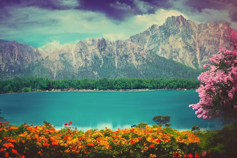 Image similar to surrounded by mountains, lake in the middle, small island in the middle of the lake, the island is full of flowers, movie texture, 8 k, rich details