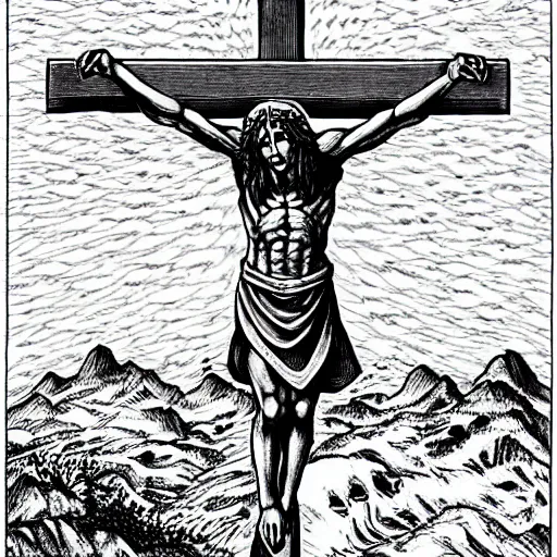 Image similar to Jesus christ on the cross, by Kentaro Miura, manga, black and white, pen and ink, high detail