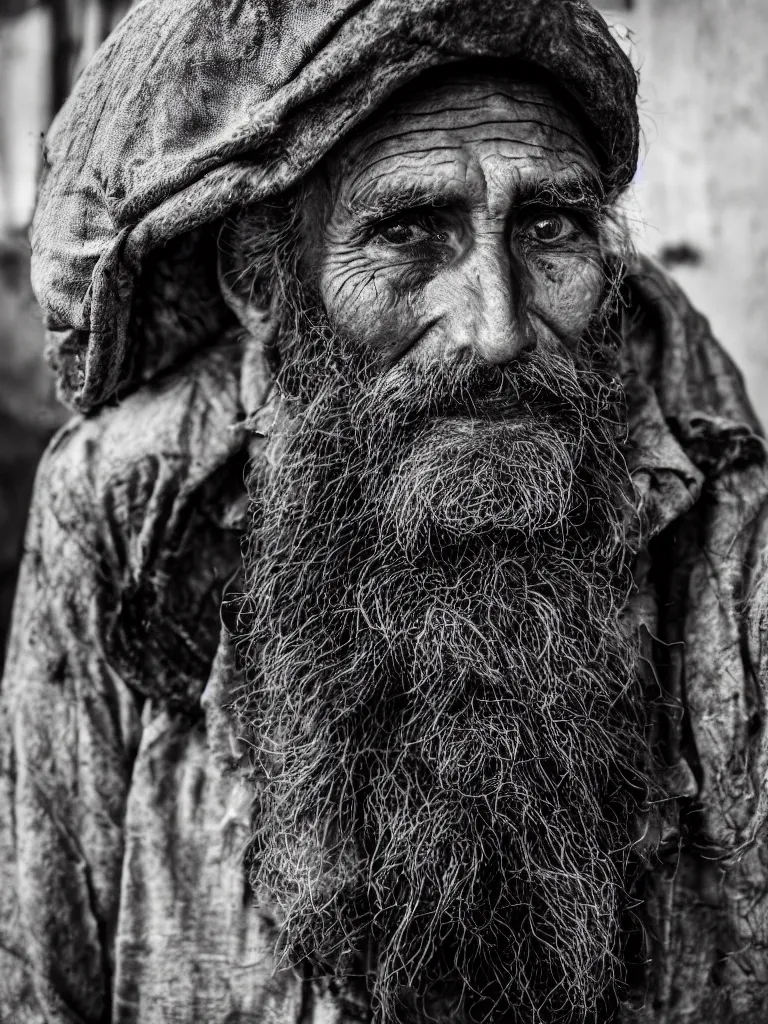 Image similar to High-resolution image. A portrait of an aged mushroom seller with a haunted expression and a wrinked gaunt face and large unkempt beard. Deep shadows and highlights. /2.8 or f/4. ISO 1600. Shutter speed 1/60 sec. Lightroom.