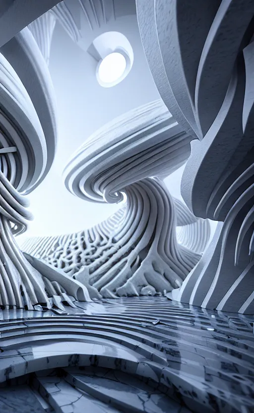 Image similar to highly detailed 3 d render cinematic composition of a white fluid fractal sci - fi surreal architecture landscape, marble, stone, magnesium, archviz, vincent callebaut composition, mamou - mani, beautiful lighting, hyper detailed, 8 k, unreal engine, hdr, dof