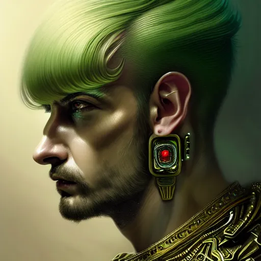 Image similar to man with extremely large and intricate haircut with angry green eyes and slim features looking askance, eye cyberpunk bionics, retro futurist style, intricate, elegant gleaming intricate baroque jewelry, angelic halo, highly detailed, digital painting, artstation, concept art, smooth, sharp focus, illustration, art by wlop, mars ravelo and greg rutkowski,