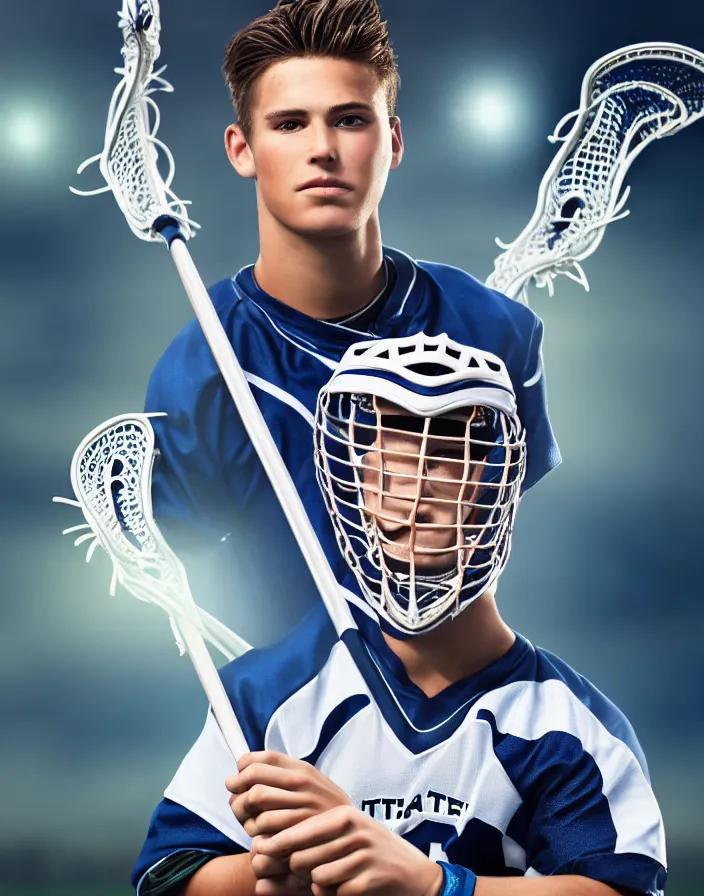 Image similar to closeup portrait of very beautiful cute male lacrosse player in a penn state stadium, glamour pose, particle effects, backlit, highly detailed, soft ambient lighting, sharp focus, rule of thirds, artgerm, wlop, arney freytag, rossdraws, frank frazetta, andrei riabovitchev, hd, octane, 4 k