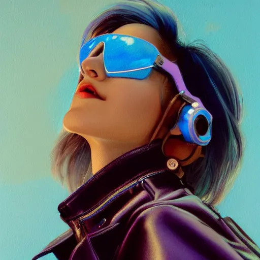 Image similar to very detailed masterpiece closeup painting of a very beautiful young mexican cyberpunk woman with light blue shutter shades, one side haircut, long brown hair with light blue ends, purple leather jacket, beauty mark on cheek, portrait, synthwave background, artstation, concept art by greg rutkowski