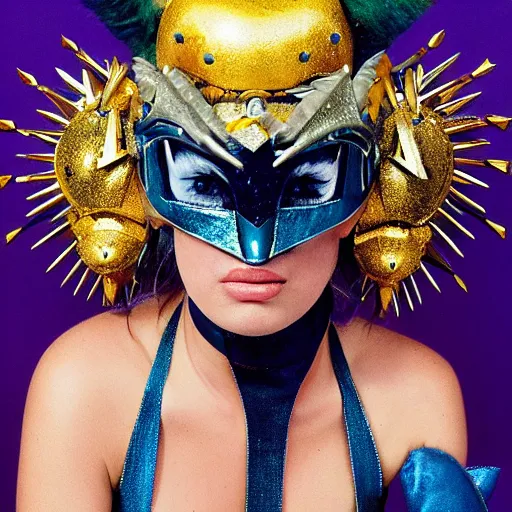 Image similar to close up headshot of a woman in elaborate blue and gold armor with spiked horns on her helmet, cosplay, photoshoot, photograph by Bruce Weber