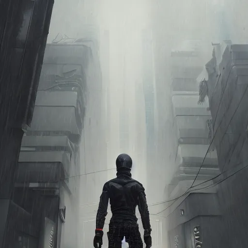 Image similar to A broad shouldered, muscular man in a Acronym Riot Division techwear outfit, Acronym P31-ds pants, trending on r/techwearclothing, high quality, digital art, dire cyberpunk city, gray sky, greg rutkowski