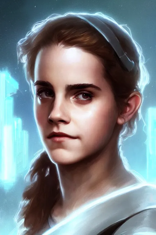 Image similar to portrait of cyborg Emma Watson as Hermione Granger in cyberpunk, neon lighting, night city, digital art from artstation by Ruan Jia and Mandy Jurgens and Artgerm and william-adolphe bouguereau and Greg Rutkowski and Wayne Barlowe