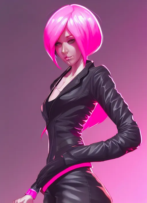 Image similar to female boss, wide angle view, neon pink and black color scheme, highly detailed, artgerm, cushart krenz, king of fighters style, trending on artstation, soft light, sharp focus, illustration, character design, concept art