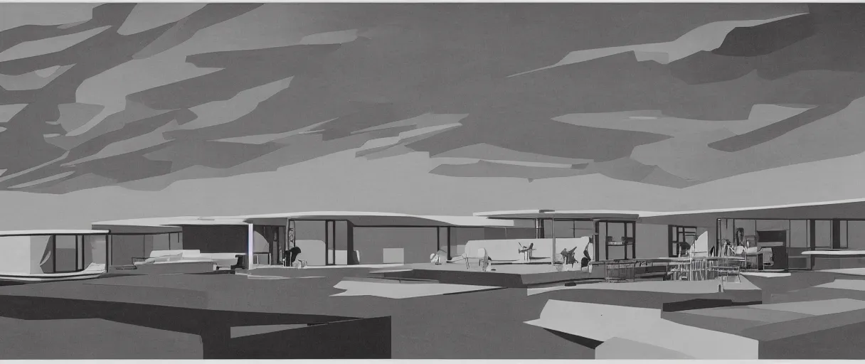 Image similar to midcentury architecture. wide shot. imagined by ken adam.