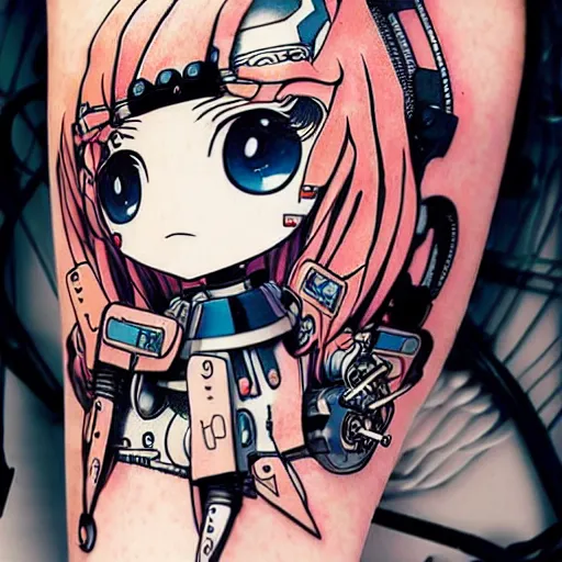 Image similar to Anime manga robot!! Anime girl tattoo, cyborg girl, exposed wires and gears, fully robotic!! girl, manga!! in the style of Junji Ito and Naoko Takeuchi, cute!! chibi!!! Schoolgirl
