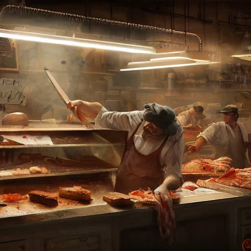 Prompt: the butcher working hard in a butcher shop, digital painting, artstation, concept art, craig mullins, breathtaking, 8 k resolution, extremely detailed, beautiful, establishing shot, artistic, hyperrealistic, octane render, cinematic lighting, dramatic lighting, masterpiece, light brazen, extremely detailed and beautiful face