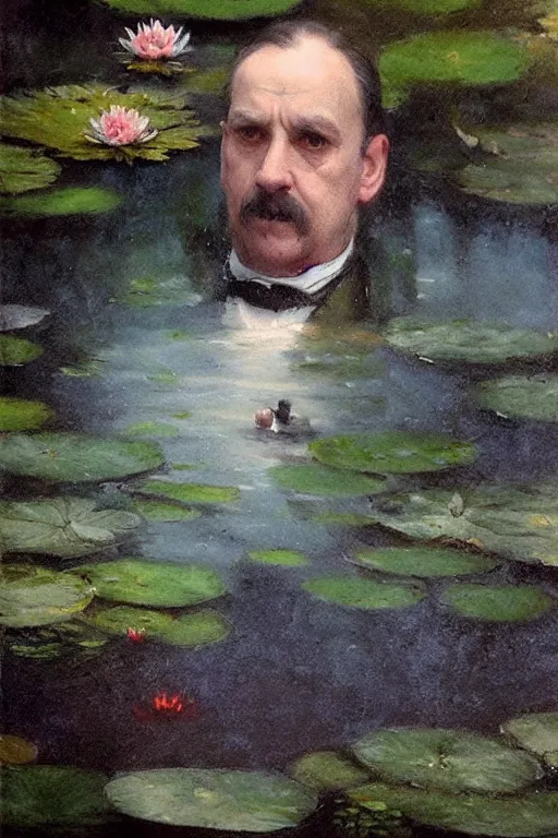 Prompt: detailed cinematic moody colors studio portrait of a victorian gentleman in a victorian pond, water lilies, high quality by jeremy mann, only one head single portrait