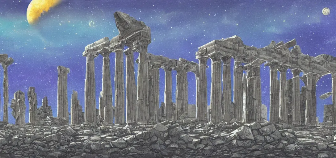 Image similar to The ruins of the Silver Millennium on the moon from Sailor Moon, digital painting, Earth in the distance, Greek-esque columns and ruins