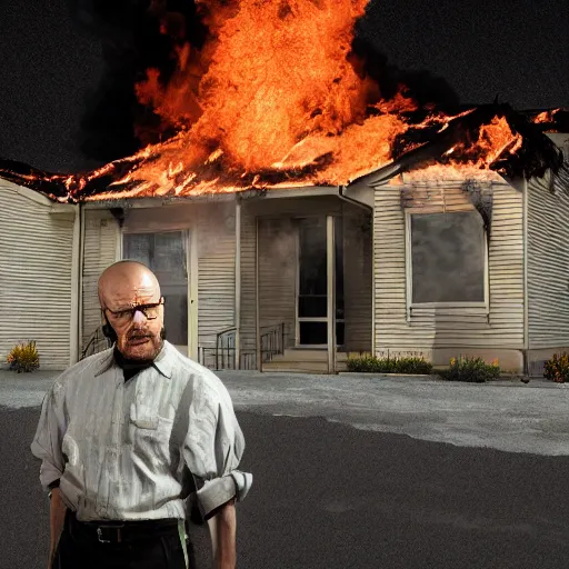 Image similar to a photo of walter white standing in front of a building on fire, highly detailed, 4 k