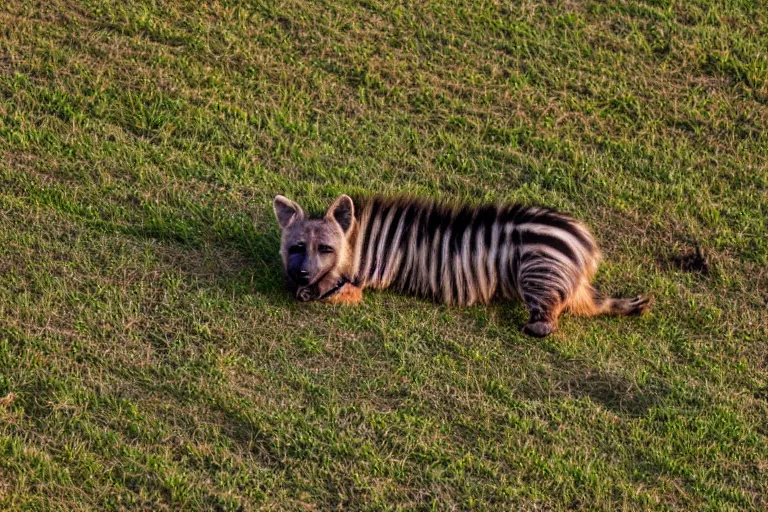 Prompt: striped hyena laying in between the green in savannah, sunset, zoomed out, birds - eye - view