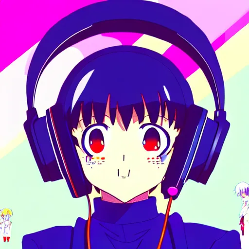 Image similar to An anime character's head wearing retro headphones. 90s anime, Sailor Moon, Neon Genesis, official art, flat cell shading, fantastic screenshot art, trending on artstation, muted nostalgic colors