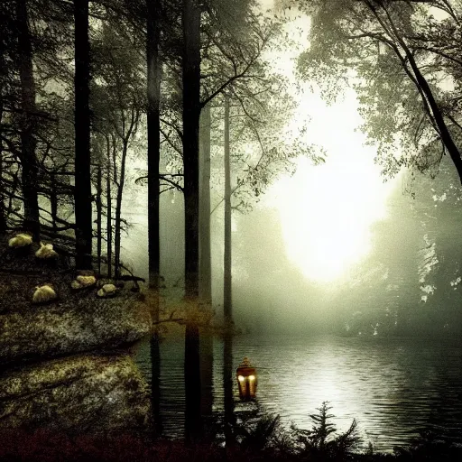 Image similar to a photo of a dream world, forest, river, skull, church, dark lighting