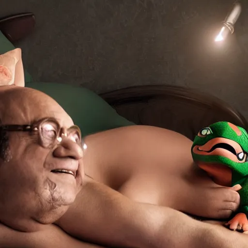 Prompt: Danny DeVito and A ninja turtle in bed, cinematic, studio light, 8K,