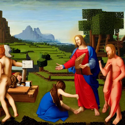 Image similar to god playing minecraft, renaissance painting