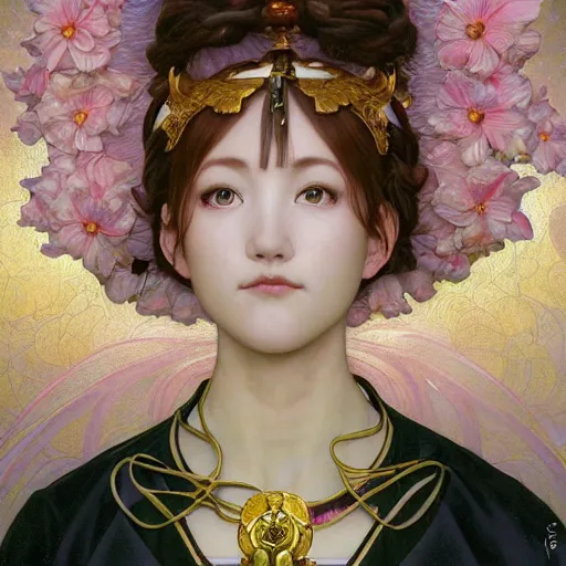 Prompt: Masterpiece portrait of Sakura Kinomot from Card Captro Sakura drawn by Donato Giancola and Tom Bagshaw, face by Artgerm and Edmund Leighton, Alphonse Mucha, background by James Jean and Gustav Klimt, 4k, posthuman, robotic body, porcelain skin, komorebi, french nouveau, trending on pixiv, octane render, hyperrealistic