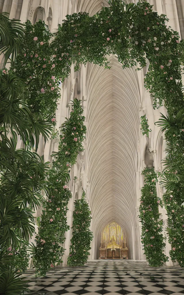 Image similar to beautiful grand cathedral interior with!! koi pond!! in the! middle! surrounded by palm trees, ivy,!! flowers!!, ( tropical plants ),!! roses!!, and with archways, rendered in octane render with photorealistic volumetric cinematic lighting, wide angle, horizontal symmetry, symmetrical! 8 k