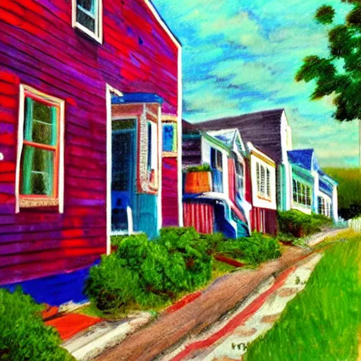 Prompt: “an idyllic, charming New England town by the seaside with colorful buildings, oil pastel”