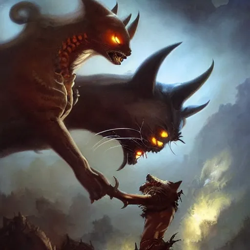 Prompt: A cat dragon fighting a Dog dragon by Lucas Graciano, Frank Frazetta, Greg Rutkowski, Boris Vallejo, epic, fantasy, character art, high fantasy