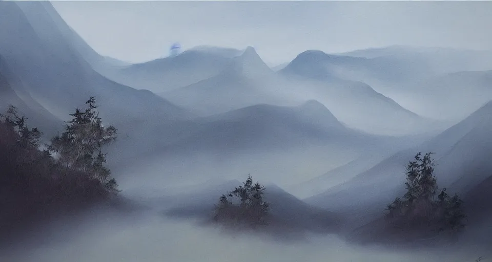 Image similar to misty zhiangjiajie mountains, beautiful painting, oil on canvas, by ewa czarniecka, award winning masterpiece,
