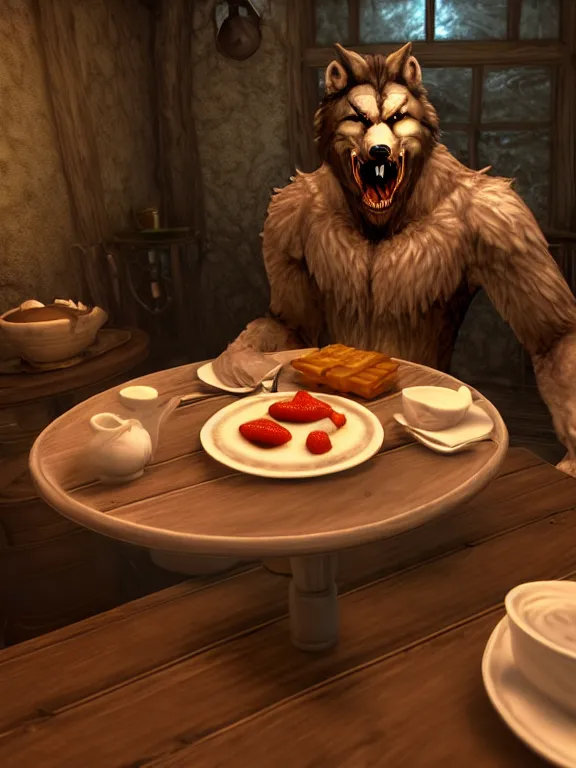 Image similar to cute handsome cuddly burly surly relaxed calm timid werewolf from van helsing sitting down at the breakfast table in the kitchen of a normal country home cooking having fun lighthearted whimsy whimsical baking strawberry tart cakes unreal engine hyperreallistic render 8k character concept art masterpiece screenshot from the video game the Elder Scrolls V: Skyrim