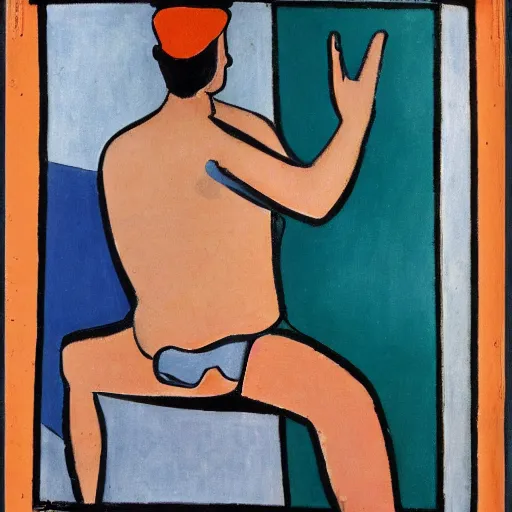 Image similar to mirrored image of a guy pointing a gut at his reflection. mirrored vertical. centered. by matisse.