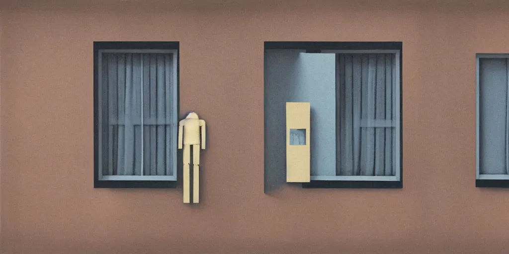 Prompt: a robot and a human standing next to each other staring out a window in the future, perfect symmetry, warm colors, in the style of gertrude abercrombie, whimsical, surreal, super focus, emotional colors, h 1 0 2 4