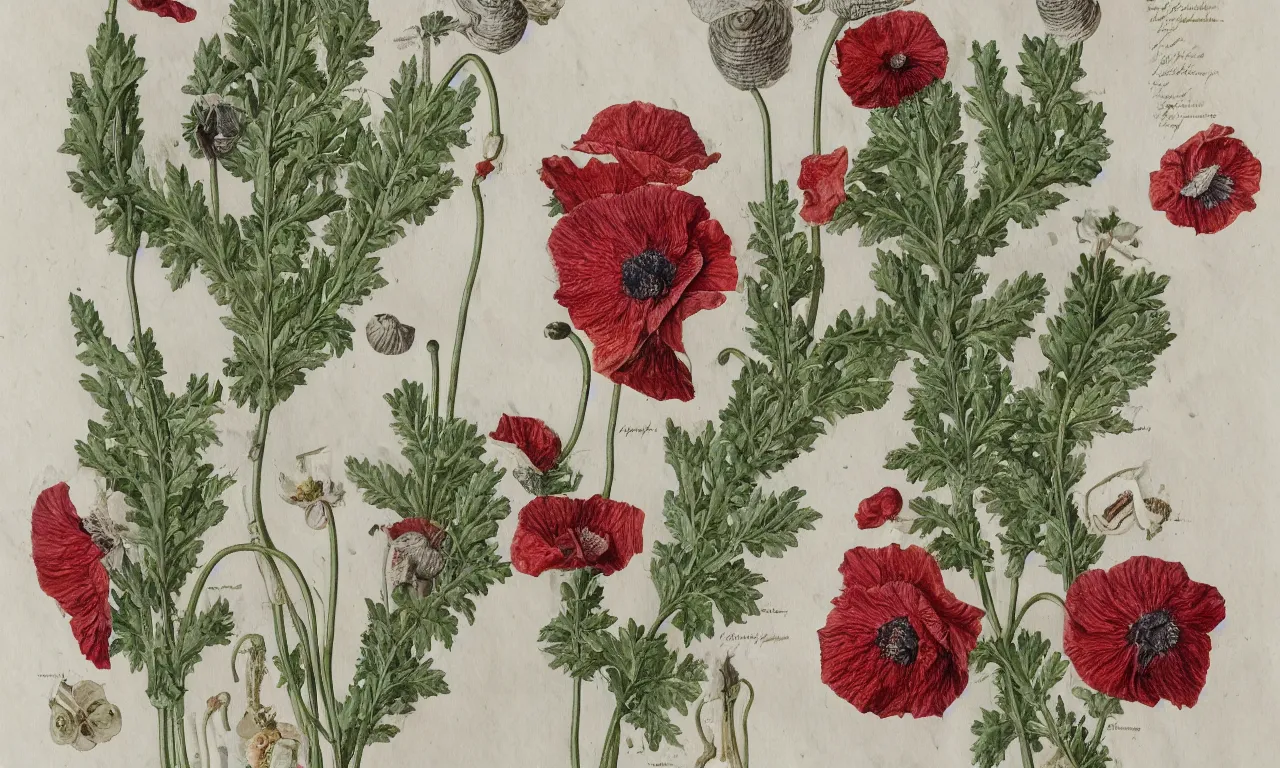 Prompt: botanical illustrations of papaver somniferum in the style of carl linnaeus, on parchment, watercolour, highly detailed 8 k /