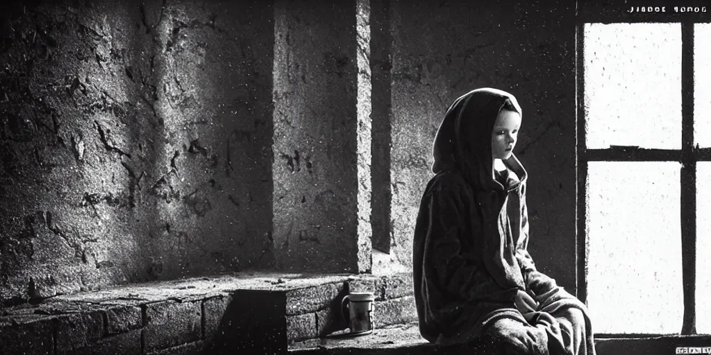 Prompt: at night, sadie sink in hoodie sits on windowsill, knees tucked in | rain falls, old brick wall with ussr propaganda posters : imax b & w film stock, anamorphic, single long shot from schindler's list, by james cameron. cyberpunk, photorealistic, cinematic atmosphere, detailed and intricate, perfect anatomy