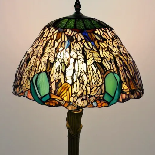 Image similar to beautifully detailed victorian art nouveau mushroom shaped tiffany lampshade, river reeds duckweeds close up abstractb mallard feathers, mucha tiffany kilian eng