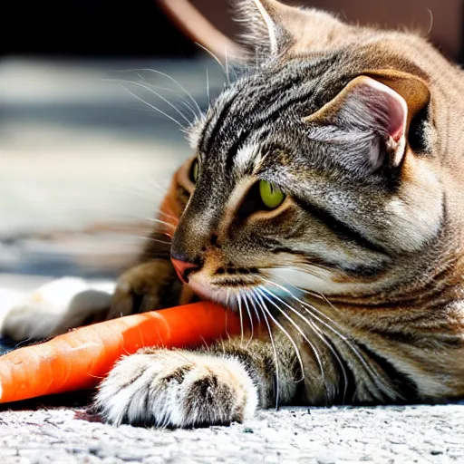 Prompt: big tabby cat with white paws biting a carrot