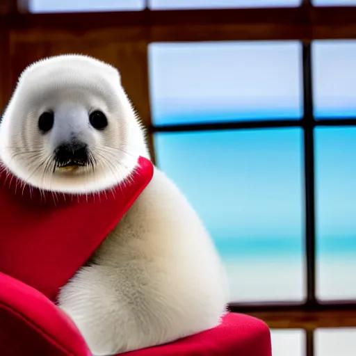 Image similar to a baby harp seal holding a box marked top secret in red letters, sitting on a beautiful leather chair at a luxury resort, palm trees outside the windows, panasonic, photo, gentle bokeh