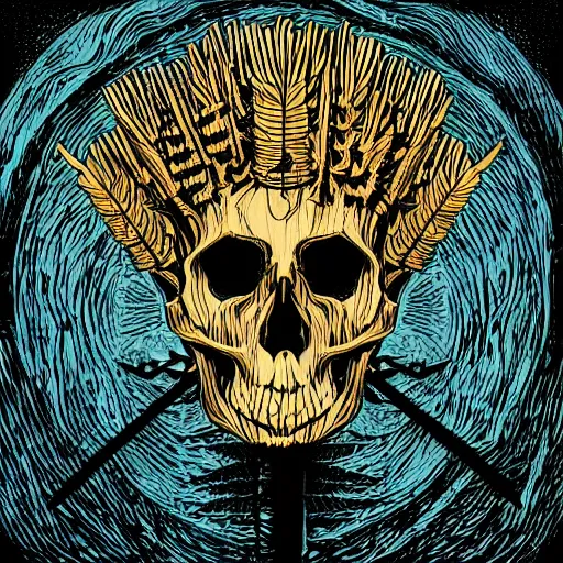 Image similar to dark death metal themed vector illustration for a record label, trees. forest, spikes, skull, microphone, skull, award winning, grunge, iconic, golden ratio