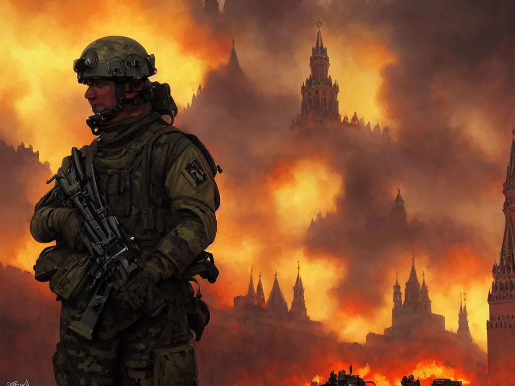 Prompt: special forces nato soldier with yellow shoulder patch watches red square kremlin burning in the background, d & d, fantasy, bright atmosphere, volumetric lights, intricate, elegant, extremely detailed, digital painting, artstation, concept art, matte, smooth, sharp focus, hyper realistic, illustration, art by artgerm and greg rutkowski and alphonse mucha