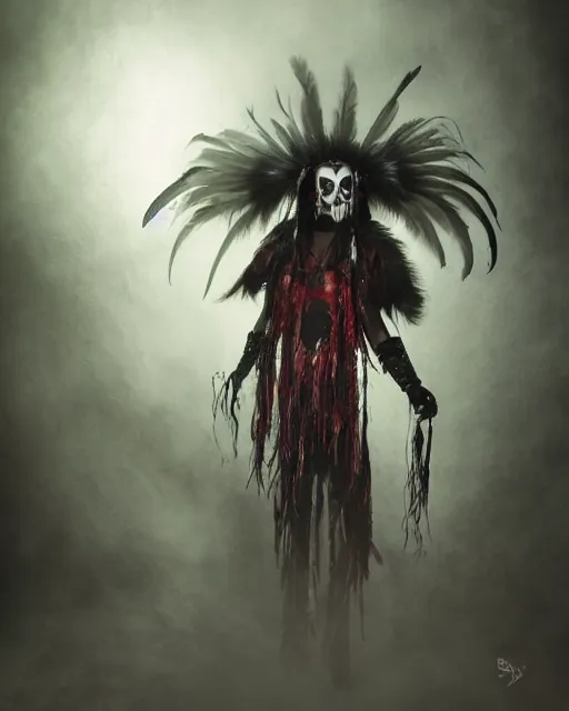 Image similar to the ghost - spirit of the grim - warpaint wears the scarlet skull armor and native blood headdress feathers, midnight fog - mist!, dark oil painting colors, realism, cinematic lighting, various refining methods, micro macro autofocus, ultra definition, award winning photo, photograph by ghostwave - gammell - giger - shadowlord