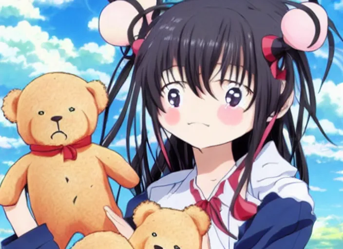 Prompt: An anime character holding a teddy bear and some cookies.. kadokawa light novel cover