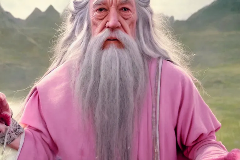 Image similar to portrait of Gandalf wearing pink Hello kitty costume, gentle smile, sunrise, movie still from Lord of the Rings, cinematic