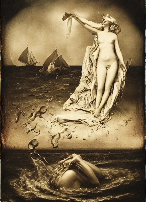 Image similar to old wetplate daguerreotype birth of venus during the ending of the world, fractal, intricate, elegant, highly detailed, parallax, leica, medium format, subsurface scattering, by jheronimus bosch and greg rutkowski and louis jacques mande daguerre