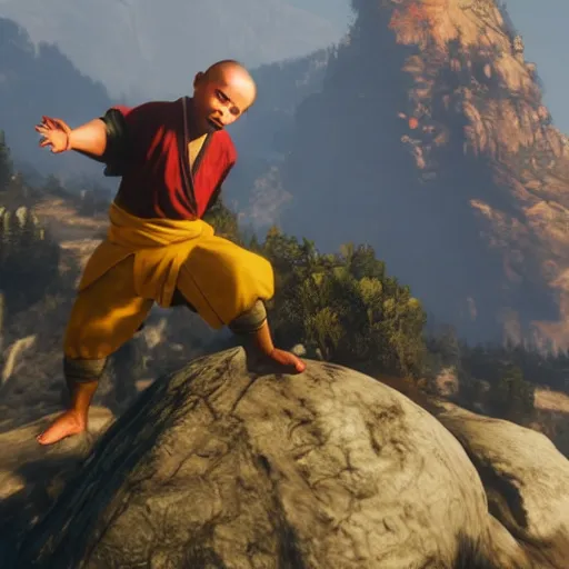 Image similar to Baby shaolin monk practicing kung fu on a mountain top, RDR 2 mod