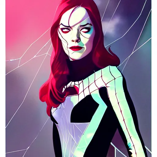 Prompt: Joshua Middleton comic cover art, cinematics lighting, pretty female Emma Stone as Spider Gwen symmetrical face, Marvel comics, hanging from white web, playful smirk, city in background