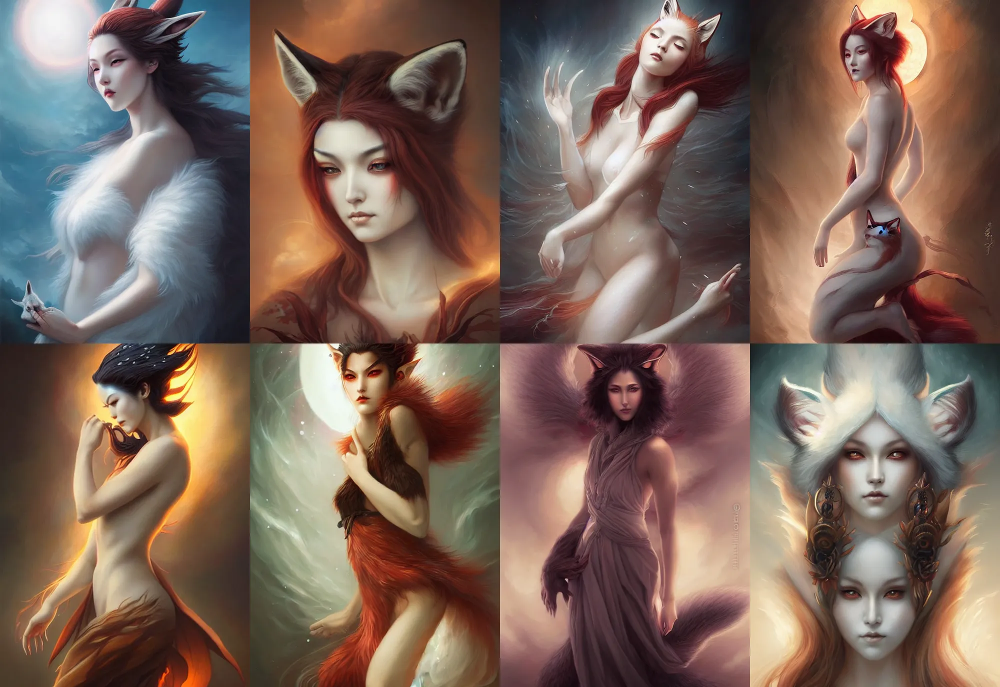 Prompt: a beautiful fox spirit woman, painted by artgerm and tom bagshaw, fantasy art, dramatic lighting, highly detailed oil painting