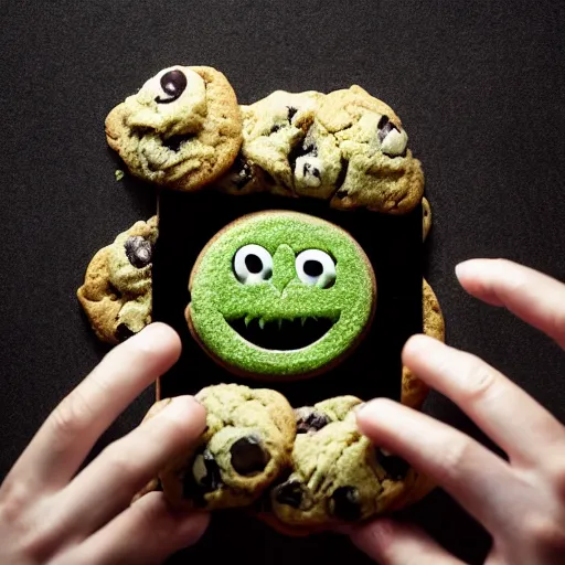 Image similar to cookie monsta made of weed buds eating a cookie photography portrait trichome monster stylised jonathan zawada soft lighting